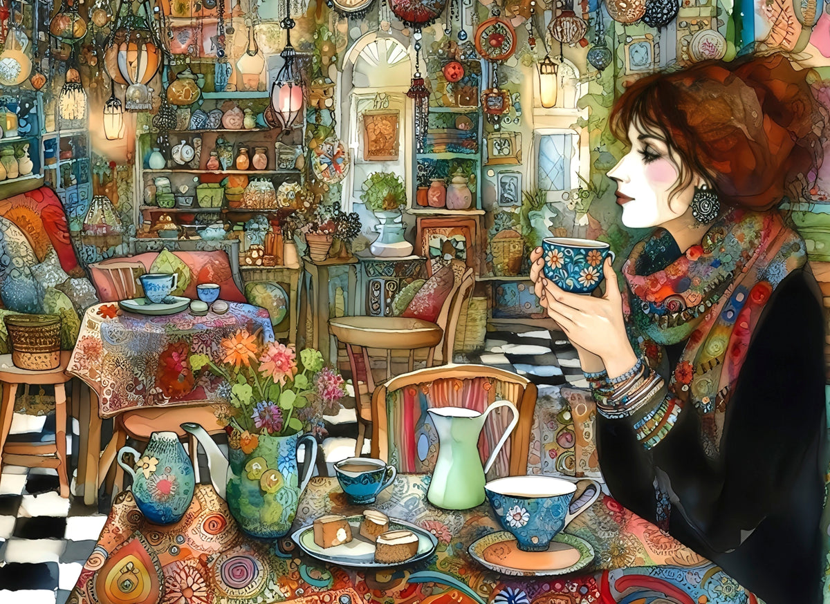 Café Kooky jigsaw puzzle artwork is a colorful, detailed illustration of a woman with red hair sitting in a cluttered, whimsical shop or cafe interior, holding a patterned teacup. The scene is filled with shelves of jars, hanging lanterns, patterned textiles, and matching teacups and teapots on a table in the foreground.