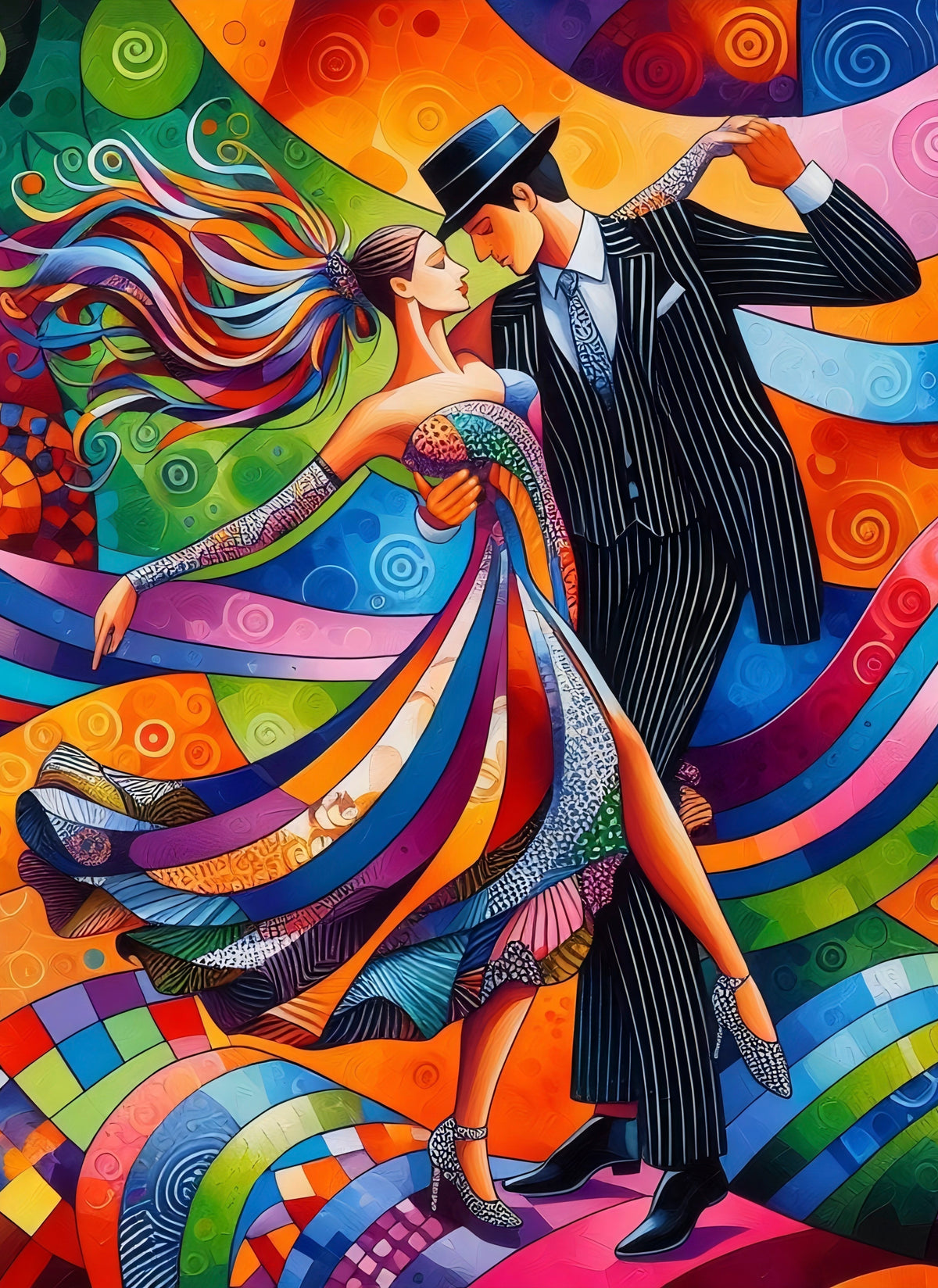 Step In Time jigsaw puzzle artwork is a vibrant, colorful digital illustration of a dancing couple in an intimate pose, set against a swirling abstract background. The woman wears a flowing multicolored dress, and the man wears a black pinstripe suit and hat.
