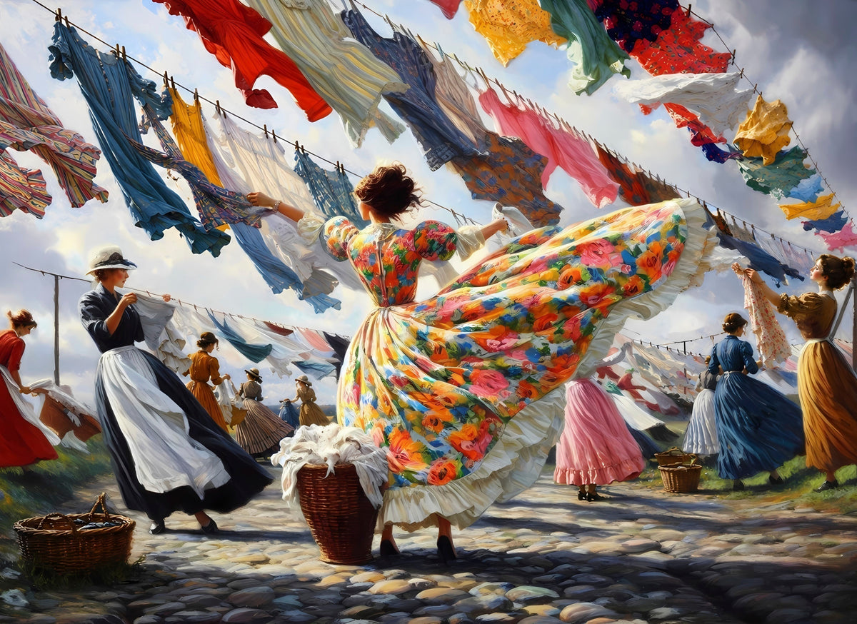 Windy Washing jigsaw puzzle artwork features a woman in a floral vintage dress, the skirt swirling up, with colored laundry hanging on clotheslines overhead and other women pegging up garments in the background.